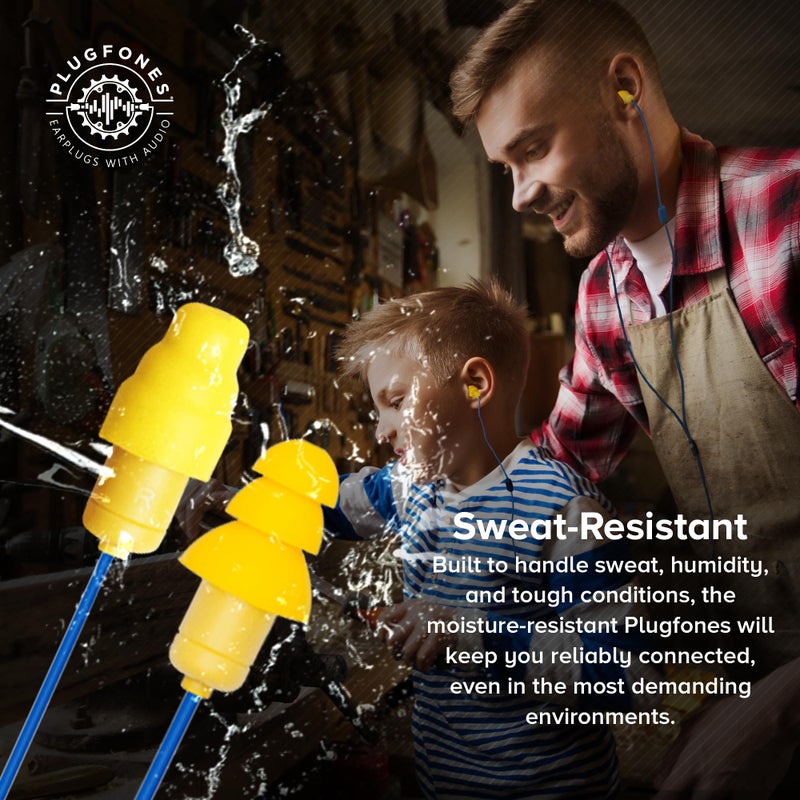 Plugfones سماعات أذن Plugfones Guardian - معتمدة من OSHA لعزل الضوضاء مع حماية السمع - سماعات أذن سلكية هجينة للعمل والسفر - تشمل سدادات أذن سيليكون ورغوة - زرقاء وصفراء - Image 5
